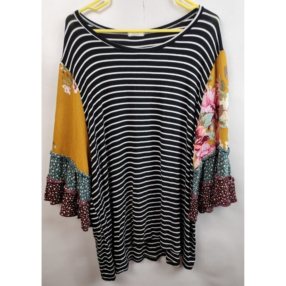 Oddy Black White Striped 3/4 Bell Sleeve BOHO Tunic Top Size 3X